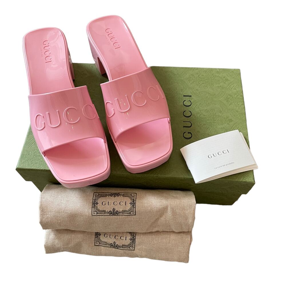 GUCCI Rubber Slide Sandal Pink Logo Square Open Toe Block Heel Mules Size 39 NEW
